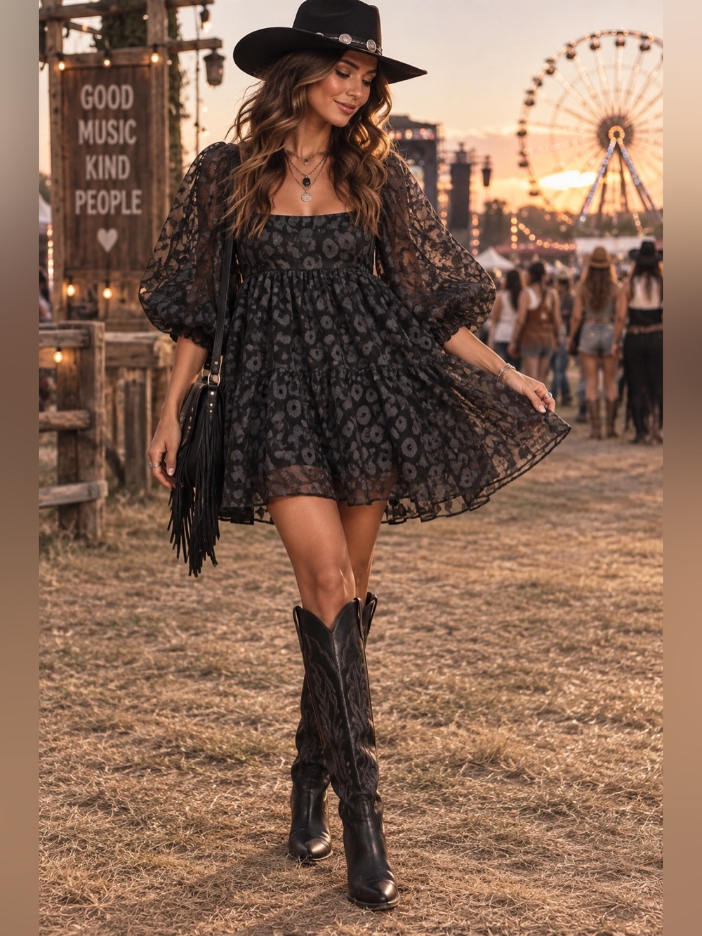 ENTRO Sheer Leopard Print Dress Size L Black  Boho Fall